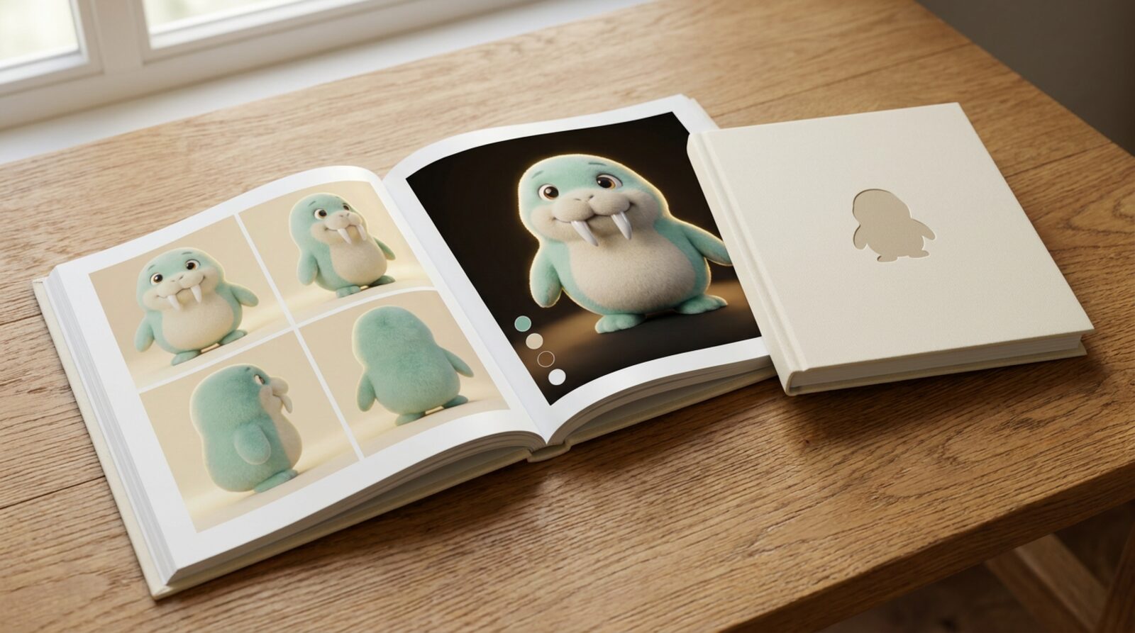 the pearl character book, open on a desk, with a closed hardcover copy beside it