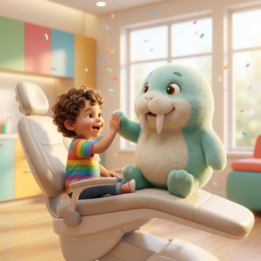 pearl high-fiving a child in a dental chair