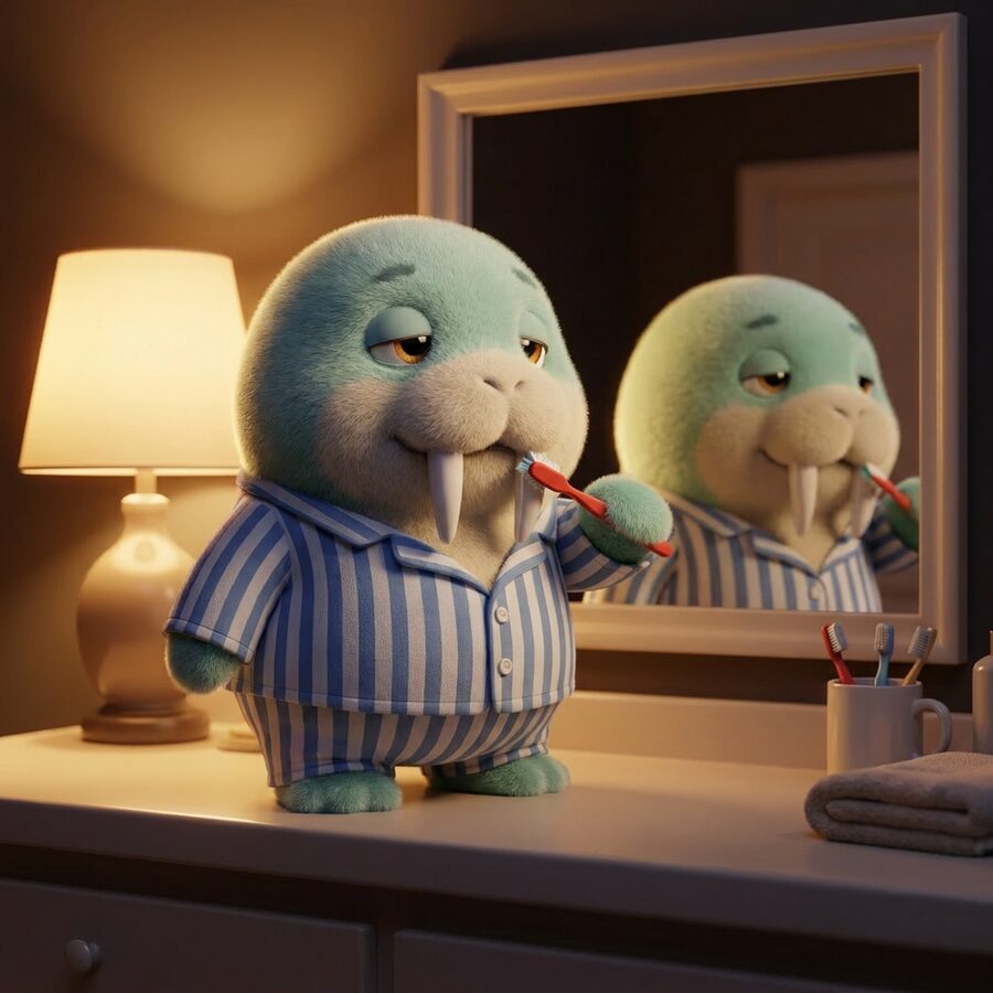 pearl in pajamas brushing its tusks at night